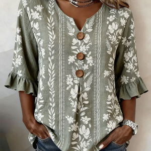 V Neck Half Sleeve Floral Printing Regular Micro-Elasticity Regular Fit Blouse For Women, Blouses, color:Green|size:5XL, catalog Noracora shop