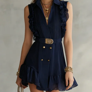 Elegant Plain Buttoned V Neck Mini Dress With Belt, Mini Dresses, color:Blue|size:XXL, Stylewe