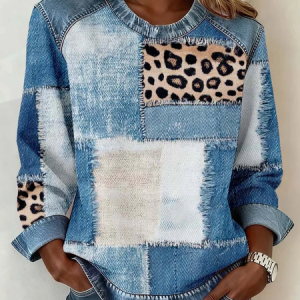 Women Leopard Crew Neck Printing Vintage Spring/Fall Long Sleeve Sweatshirt, JustFashionNow Sweatshirts & Hoodies, color:Blue|size:4XL