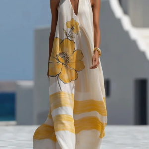Vacation Floral Halter Neck Maxi Dress, Maxi Dresses, color:Yellow|size:XXL, Stylewe