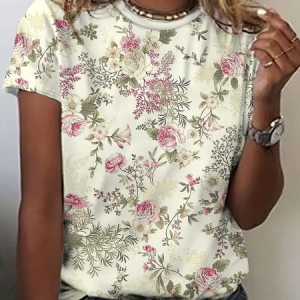 Women Floral Short Sleeve Tee T-shirt Crew Neck Printing Casual Graphic Tee Summer Top, JustFashionNow T-Shirts, color:As Picture|size:XXL