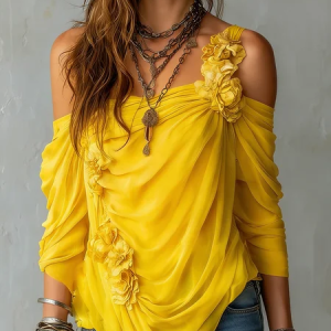 Elegant Plain 3D Floral One Shoulder Blouse, Blouses and Shirts, color:Yellow|size:XXL, Stylewe