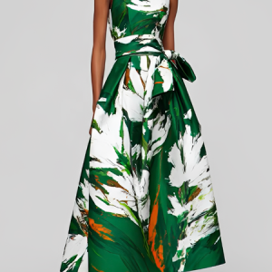 Elegant Floral Crew Neck Maxi Dress With Belt, Maxi Dresses, color:As Picture|size:XXL, Stylewe