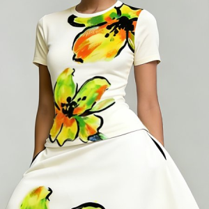 Elegant Floral Printing Crew Neck T-shirt, Tees, color:Green|size:XXL, Stylewe