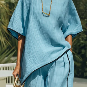 Casual Color Block Split Joint Blouse, Blouses and Shirts, color:Blue|size:XXL, Stylewe
