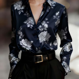 Women Floral Shawl Collar Long Sleeve Shirt Casual Daily Spring/Fall Top, JustFashionNow Shirts, color:Navyblue|size:XXL