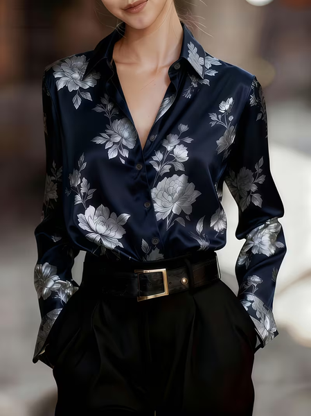 Women Floral Shawl Collar Long Sleeve Shirt Casual Daily Spring/Fall Top, JustFashionNow Shirts, color:Navyblue|size:XXL