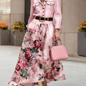 Elegant 3D Printing Shirt Collar Maxi Dress No Belt, Maxi Dresses, color:As Picture|size:XXL, Stylewe