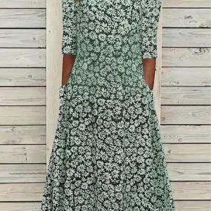 Women Floral Short Sleeve Crew Neck Printing Dress Daily Casual Maxi Shift Dress H-Line Summer Dress, JustFashionNow Casual Dresses, color:Green|size:4XL