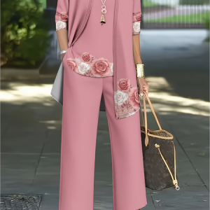 Women Floral Printing Matching Outfit Daily Long Sleeve Casual Spring/Fall Multi-Piece Set Matching Set, JustFashionNow Suit Set, color:Pink|size:XXL