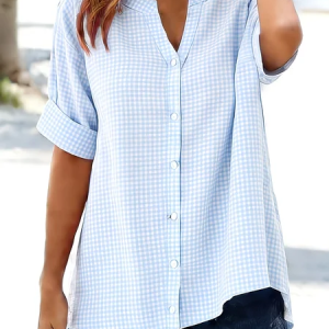 Women Plaid V Neck Short Sleeve Shirt Printing Casual Daily Summer Top, JustFashionNow Shirts, color:Blue|size:XXL