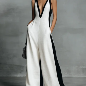 Cotton Casual Split Joint Color Block V Neck Tank Jumpsuit, Jumpsuits, color:Black-white|size:XXL, Stylewe