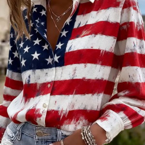 Women America Flag Shirt Collar Long Sleeve Shirt Buckle Regular Sleeve Casual Daily Spring/Fall Top, JustFashionNow Shirts, color:As Picture|size:XXL