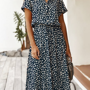 Women Polka Dots Short Sleeve V Neck Printing Dress Daily Vintage Maxi T-Shirt Dress A-Line Summer Dress, JustFashionNow Dresses, color:Navyblue|size:XL