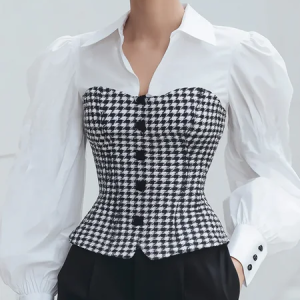 Urban Houndstooth Split Joint Shirt Collar Puff Sleeve Shirt, Blouses and Shirts, color:Black-white|size:XXL, Stylewe