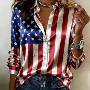 Women America Flag Shawl Collar Long Sleeve Shirt Casual Daily Spring/Fall Top, JustFashionNow Shirts, color:As Picture|size:XXL