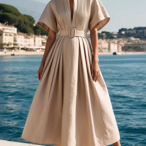 Cotton And Linen Vacation Plain Stand Collar Maxi Dress With Belt, Midi Dresses, color:Apricot|size:XXL, Stylewe