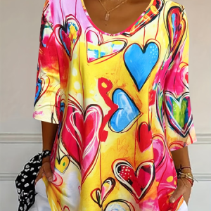 Women Heart/Cordate Three Quarter Sleeve Tee T-shirt V Neck Printing Casual Graphic Tee Spring/Fall Top, JustFashionNow T-Shirts, color:Yellow|size:5XL
