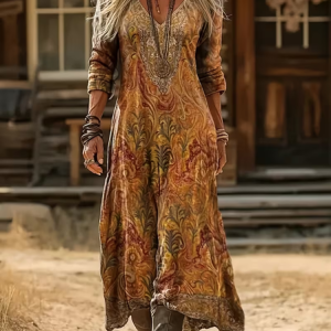 Women Abstract Long Sleeve V Neck Printing Dress Daily Vintage Maxi H-Line Spring/Fall Dress, JustFashionNow Casual Dresses, color:Yellow Brown|size:5XL
