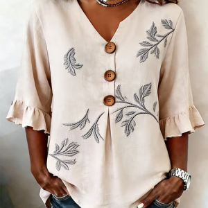 Women Plants V Neck Half Sleeve Blouse Printing Vintage Daily Summer Top, JustFashionNow Blouses, color:Apricot|size:5XL