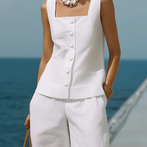 Cotton And Linen Vacation Plain Square Neck Blouse, Blouses and Shirts, color:White|size:XXL, Stylewe