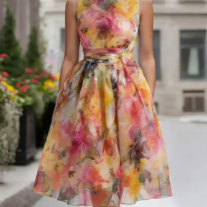 Elegant Floral Crew Neck Midi Dress, Midi Dresses, color:As Picture|size:XXL, Stylewe