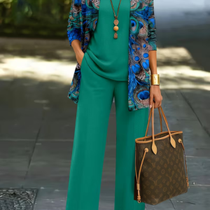Women Peacock Printing Matching Outfit Daily Long Sleeve Casual Spring/Fall Multi-Piece Set Matching Set, JustFashionNow Suit Set, color:Green|size:XXL
