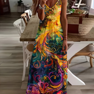 Women Abstract Sleeveless V Neck Printing Dress Daily Casual Maxi Slip Dress X-Line Summer Dress, JustFashionNow Casual Dresses, color:As Picture|size:XXL