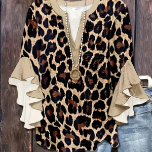 Women Leopard V Neck Half Sleeve Shirt Printing Casual Daily Summer Top, JustFashionNow Shirts, color:Brown|size:5XL