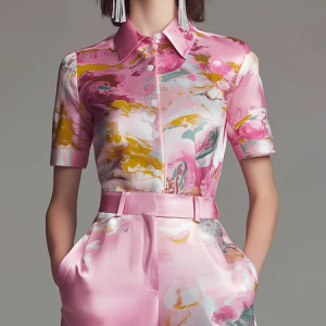 Elegant Random Print Printing Shirt Collar Shirt, Blouses and Shirts, color:Pink|size:XXL, Stylewe