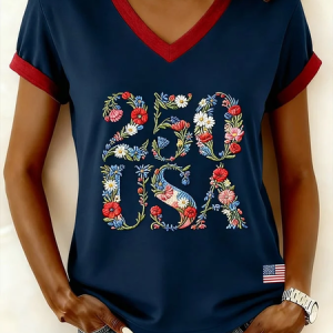 Women Floral Short Sleeve Tee T-shirt V Neck Printing Vintage Summer Top, JustFashionNow T-Shirts, color:Purplish Blue|size:4XL