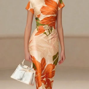 Elegant Floral Printing Crew Neck Midi Dress, Midi Dresses, color:Orange|size:XXL, Stylewe