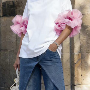 Urban Color Block Crew Neck Blouse, Tees, color:White|size:XXL, Stylewe