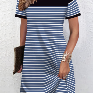Women Striped Short Sleeve Crew Neck Printing Dress Daily Casual Midi T-Shirt Dress A-Line Summer Dress, JustFashionNow Casual Dresses, color:Blue|size:4XL