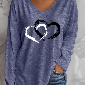 Women Heart/Cordate Long Sleeve Tee T-shirt V Neck Printing Casual Graphic Tee Spring/Fall Top, JustFashionNow T-Shirts, color:Purplish Blue|size:XXL