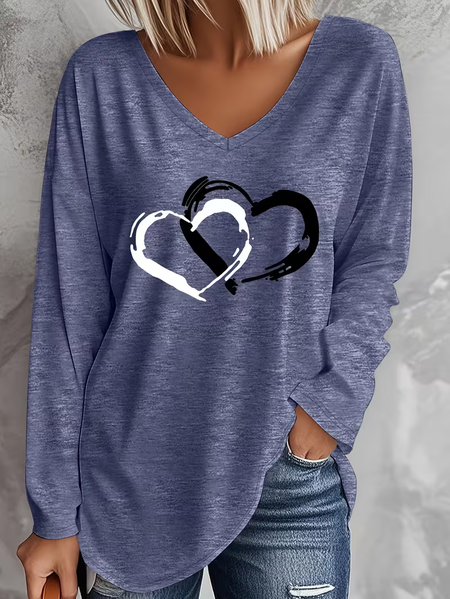 Women Heart/Cordate Long Sleeve Tee T-shirt V Neck Printing Casual Graphic Tee Spring/Fall Top, JustFashionNow T-Shirts, color:Purplish Blue|size:XXL