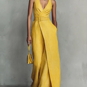 Cotton And Linen Irregular Craftsmanship Plain V Neck Jumpsuit, Jumpsuits, color:Yellow|size:XXL, Stylewe