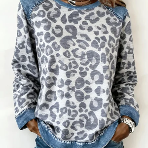 Women Leopard Crew Neck Printing Vintage Spring/Fall Long Sleeve Sweatshirt, JustFashionNow Sweatshirts & Hoodies, color:Gray|size:4XL