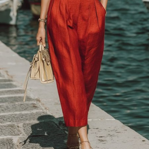Cotton And Linen Casual Plain Straight Pants, Pants, color:Red|size:XXL, Stylewe