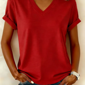 Vintage Plain V Neck Short Sleeve T-shirt, T-shirts, color:Red|size:4XL, catalog Noracora shop