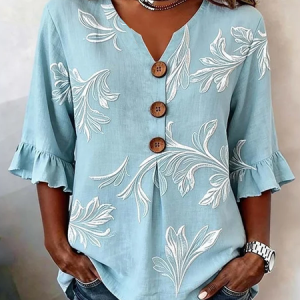 V Neck Half Sleeve Floral Printing Regular Micro-Elasticity Regular Fit Blouse For Women, Blouses, color:Blue|size:5XL, catalog Noracora shop