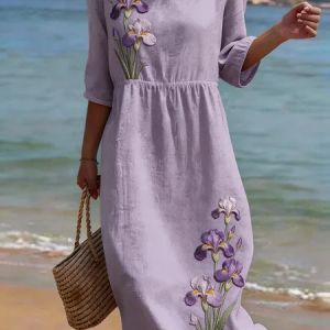Women Floral Half Sleeve Crew Neck Printing Dress Daily Casual Maxi H-Line Summer Dress, JustFashionNow Casual Dresses, color:Purple|size:4XL