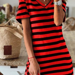 Women Striped Short Sleeve V Neck Printing Dress Daily Casual Maxi T-Shirt Dress A-Line Summer Dress, JustFashionNow Dresses, color:Red|size:3XL