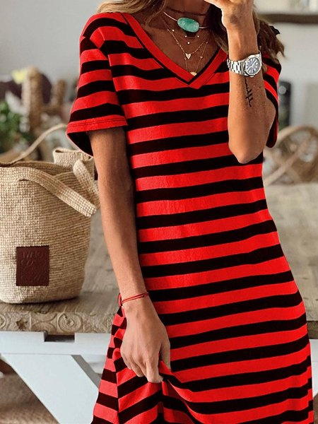 Women Striped Short Sleeve V Neck Printing Dress Daily Casual Maxi T-Shirt Dress A-Line Summer Dress, JustFashionNow Dresses, color:Red|size:3XL