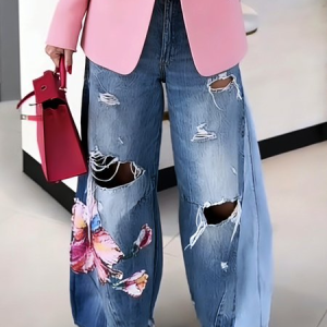 Urban Ripped Wide Leg Pants Loose H-Line Long Trousers for Daily, Jeans, color:Blue|size:XXL, Stylewe