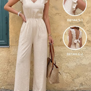 Women Plain V Neck Sleeveless Casual Ruffle Sleeve Summer Cotton-Blend Jumpsuit, JustFashionNow Jumpsuits＆Rompers, color:Apricot|size:XL