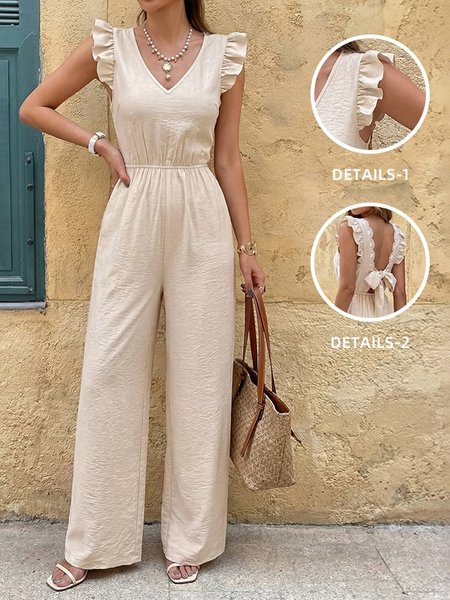 Women Plain V Neck Sleeveless Casual Ruffle Sleeve Summer Cotton-Blend Jumpsuit, JustFashionNow Jumpsuits&Rompers, color:Apricot|size:XL