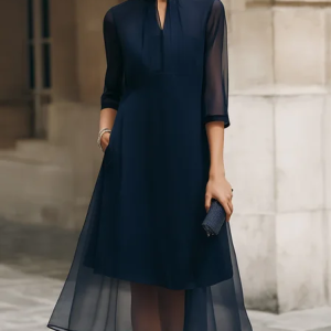 Elegant Plain V Neck Midi Dress, Midi Dresses, color:Blue|size:XXL, Stylewe