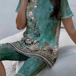Women Floral Printing Two-Piece Set Daily Short Sleeve Casual Summer Top With Pants Matching Set, JustFashionNow Suit Set, color:Green|size:XXL