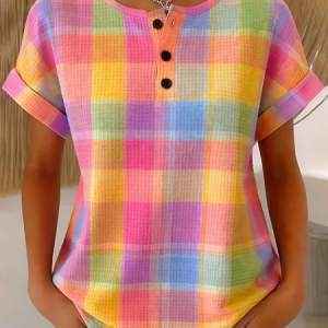 Women Plaid Short Sleeve Tee T-shirt Crew Neck Printing Vintage Summer Top, JustFashionNow T-Shirts, color:As Picture|size:4XL